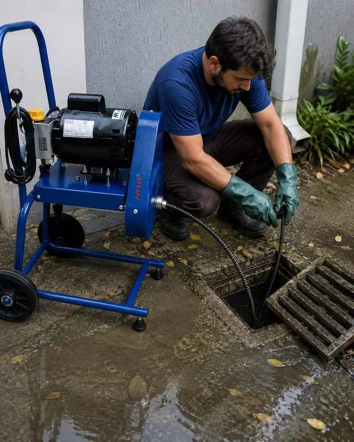 Profissional da Desentupidora Hidropró realizando desentupimento de água pluvial
